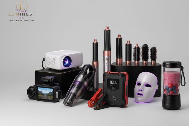 A promotional banner for the LUMINEST brand showcasing various beauty and mini projector gadgets. The products are arranged on a dark, stylized background with purple and black lighting effects.