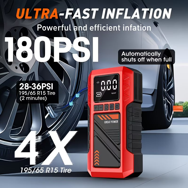 Portable Car Jump Starter & Air Compressor | Rechargeable Power Bank with Digital Display & LED Flashlight