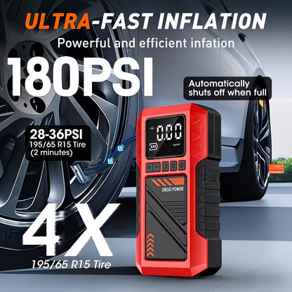 Portable Car Jump Starter & Air Compressor | Rechargeable Power Bank with Digital Display & LED Flashlight