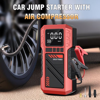 Portable Car Jump Starter & Air Compressor | Rechargeable Power Bank with Digital Display & LED Flashlight