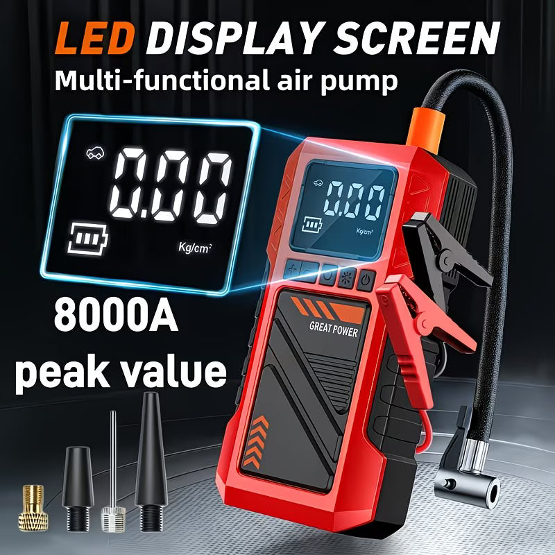 Portable Car Jump Starter & Air Compressor | Rechargeable Power Bank with Digital Display & LED Flashlight