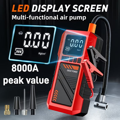 Portable Car Jump Starter & Air Compressor | Rechargeable Power Bank with Digital Display & LED Flashlight