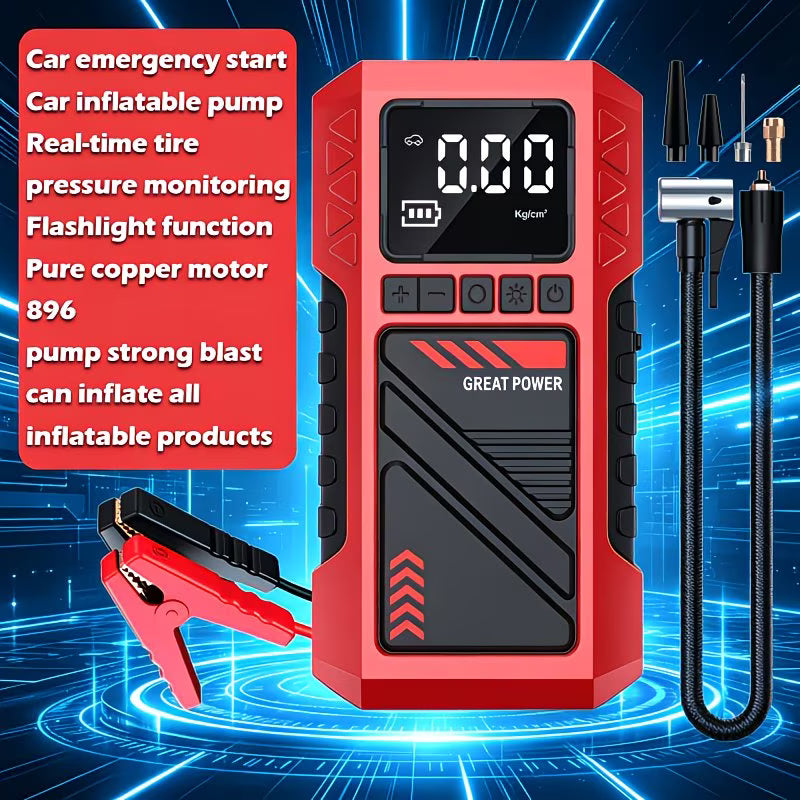 Portable Car Jump Starter & Air Compressor | Rechargeable Power Bank with Digital Display & LED Flashlight