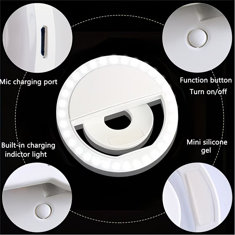 USB Rechargeable LED Selfie Ring Light | Clip-On Phone Light for Photos & Videos