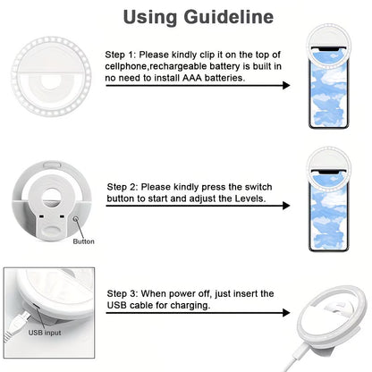 USB Rechargeable LED Selfie Ring Light | Clip-On Phone Light for Photos & Videos