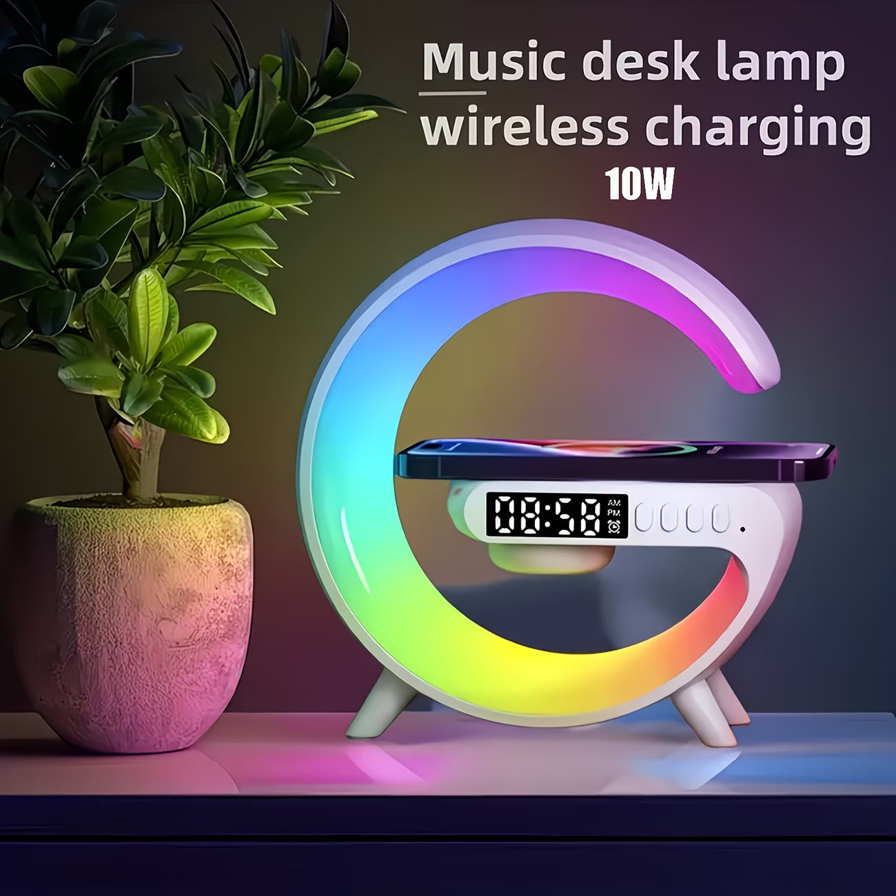 RGB LED Smart Desk Lamp | Bluetooth Speaker, Wireless Charger & Digital Alarm Clock